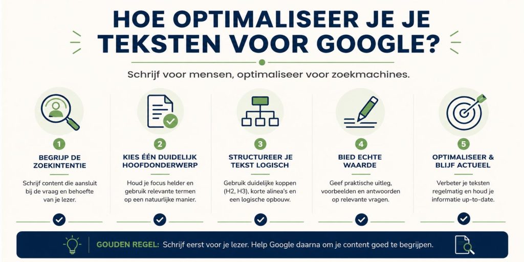 Infographic over hoe je teksten optimaliseren voor Google met aandacht voor zoekintentie en lezerservaring