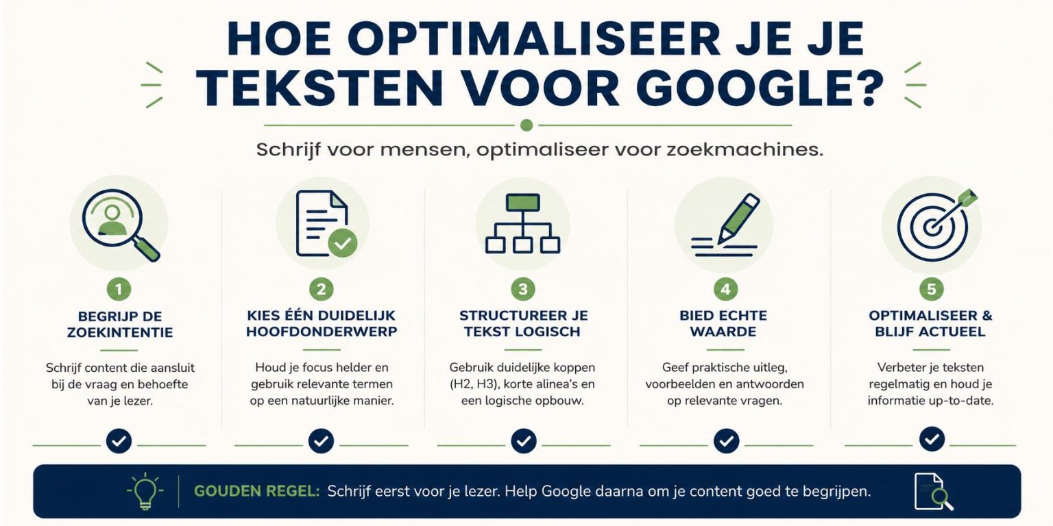 Infographic over hoe je teksten optimaliseren voor Google met aandacht voor zoekintentie en lezerservaring